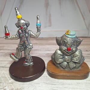 George Good Pewter  Clown Figurines w/Wooden Base Vintage 1985 Lot of 2